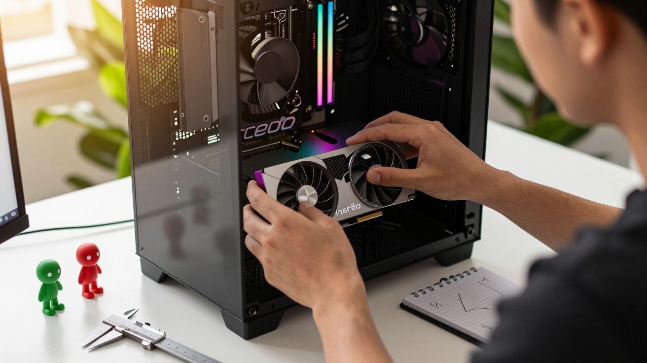 Pessoa a instalar uma placa gráfica num computador, com figuras coloridas e ferramentas sobre a mesa.