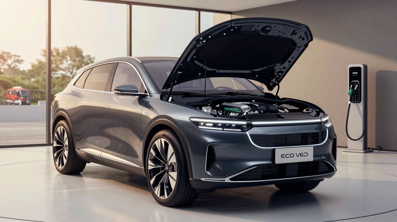 SUV elétrico cinzento em exposição, com o capô aberto, numa sala iluminada ao lado de um posto de carregamento.