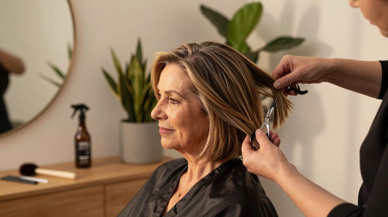 Mulher sorridente a receber um corte de cabelo num salão, com plantas no fundo.