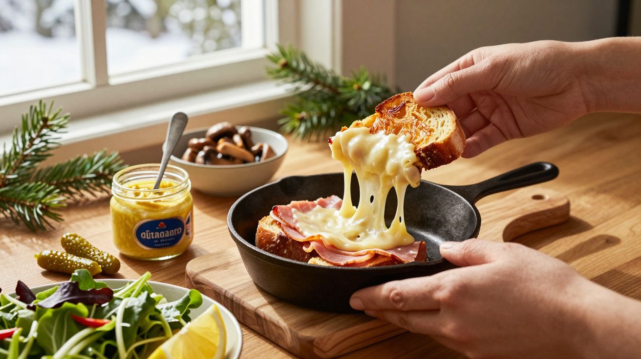 Mãos retiram torrada com queijo derretido de frigideira, ao lado de salada e frascos de mostarda e picles.