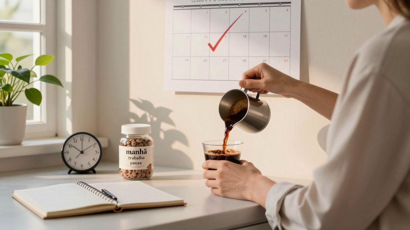 Pessoa a servir café numa mesa com caderno, relógio, vaso e calendário na parede com dia marcado.