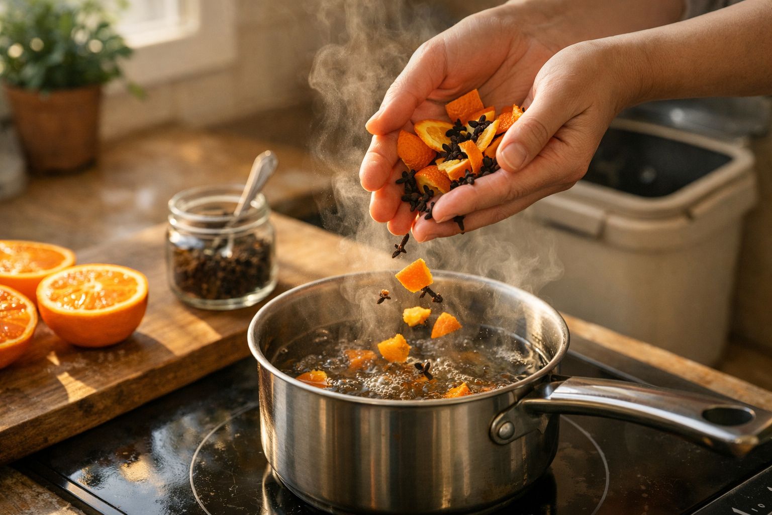 Mãos a adicionar cascas de laranja e especiarias numa panela fumegante, com tangerinas ao fundo na cozinha.