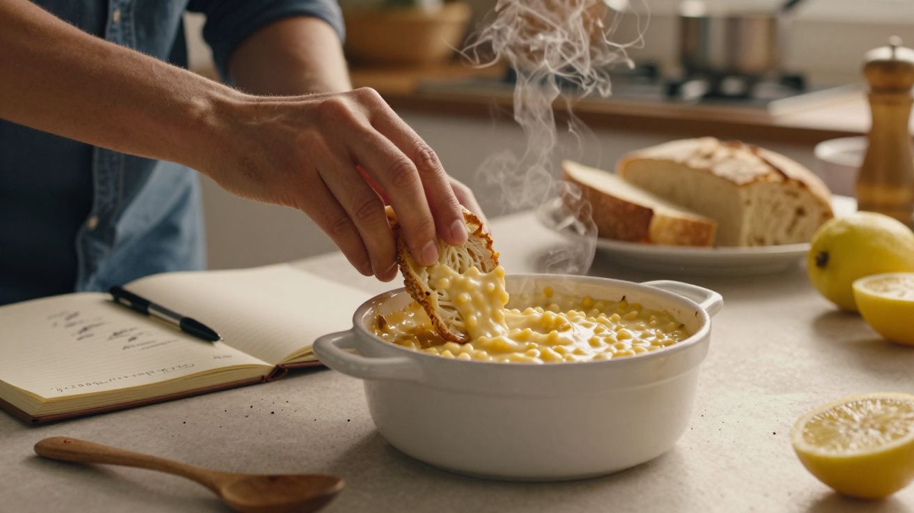 Pessoa mergulha um pedaço de pão num prato de massa com queijo a fumegar numa cozinha, com limões e pão em volta.
