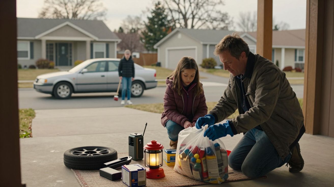 Homem e criança organizam itens no quintal; carro e pessoa ao fundo na rua.
