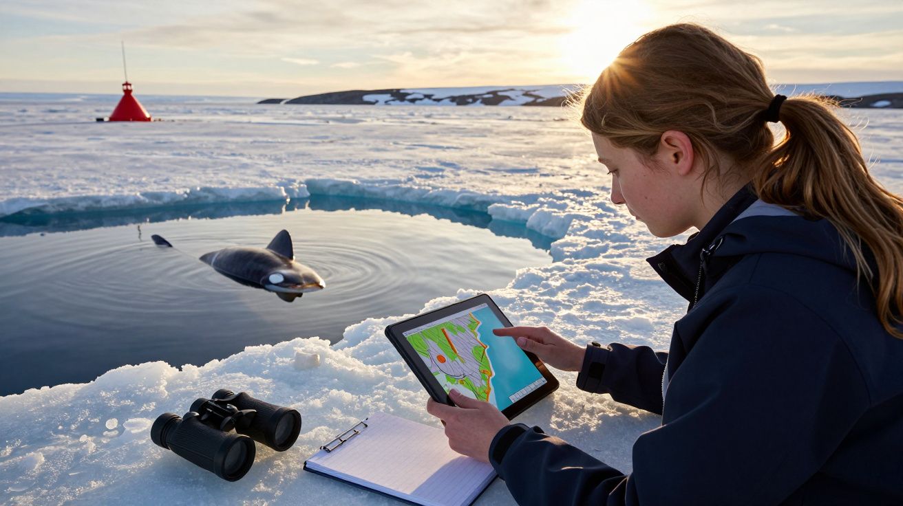 Mulher observa um mapa num tablet no Ártico, perto de um buraco no gelo com uma orca emergindo. Binóculos ao lado.