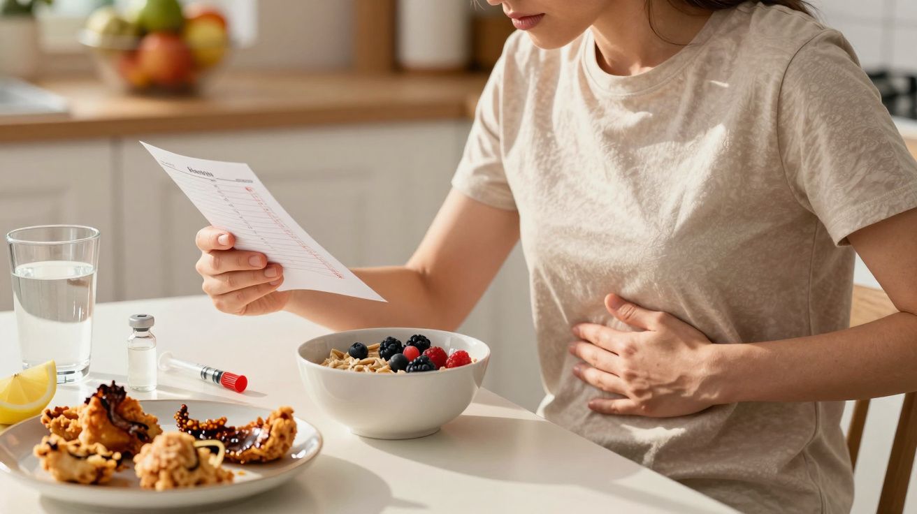 Mulher sentada à mesa, segurando o estômago, olhando para um papel. Tigela com cereais e frutas e seringas ao lado.