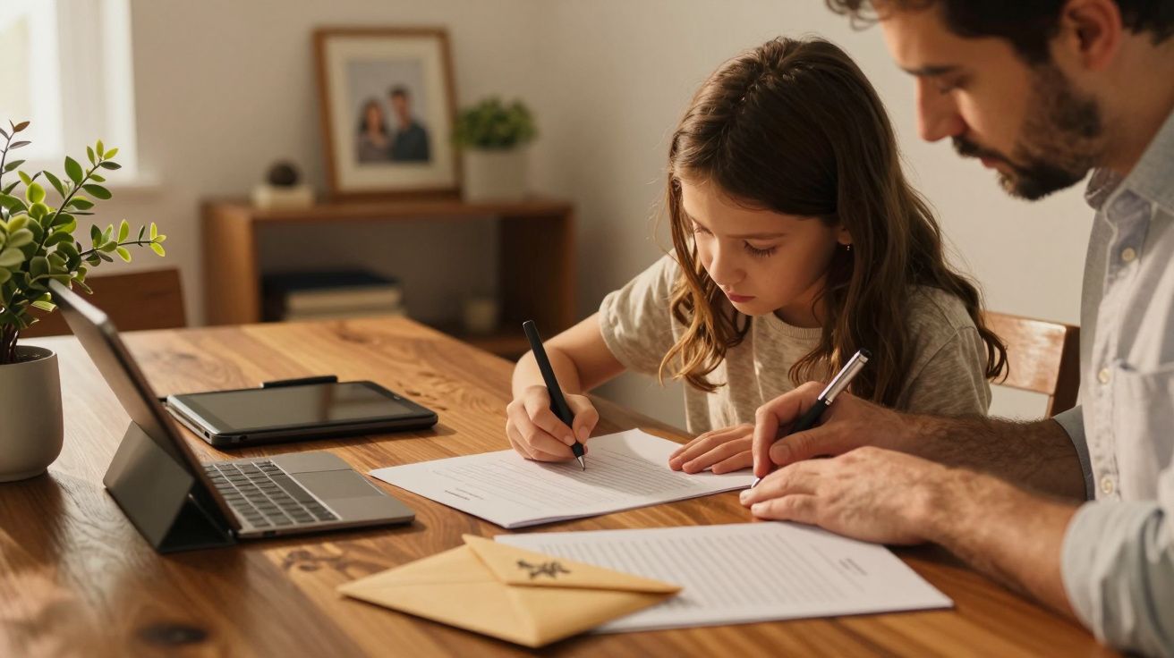 Pai e filha desenham juntos numa mesa de madeira com um portátil e um envelope ao lado.