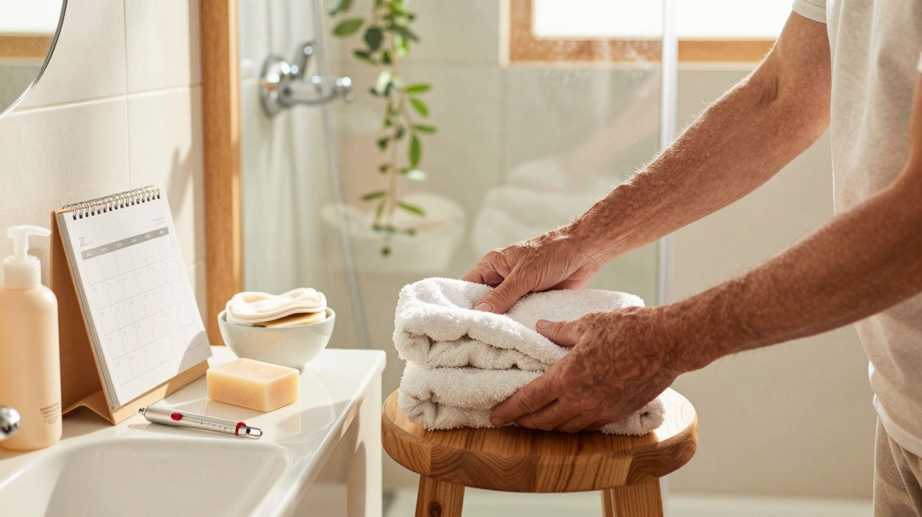 Pessoa dobrando toalhas brancas numa casa de banho, com sabonete, calendário e plantas ao fundo.