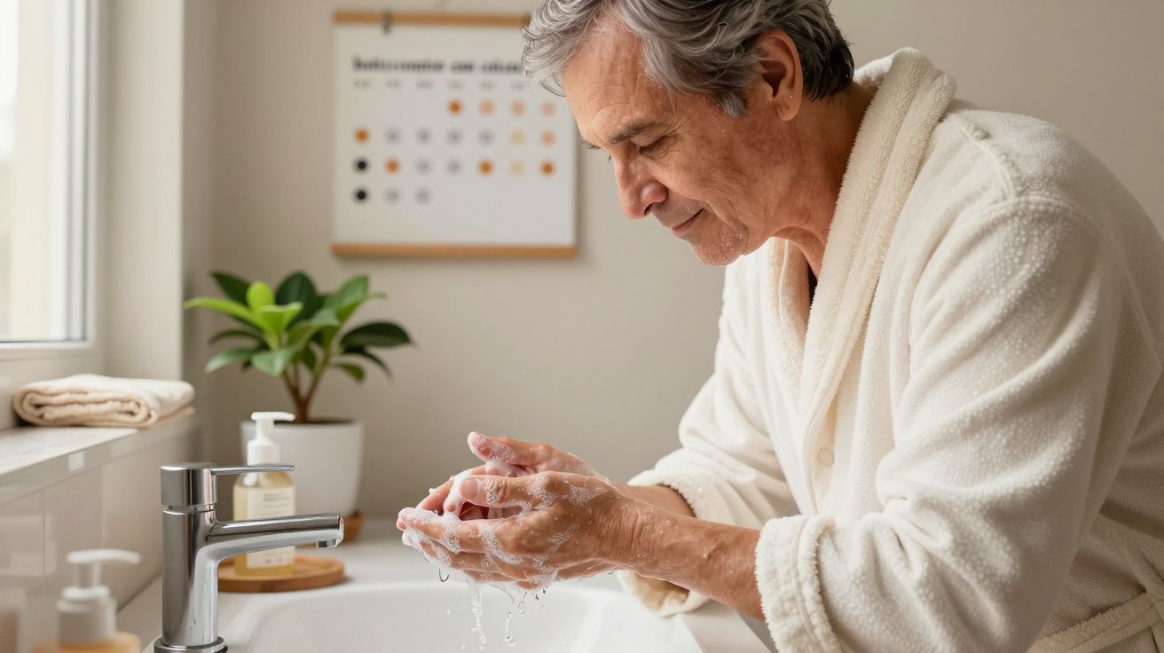Homem idoso a lavar as mãos na casa de banho, vestindo roupão branco.