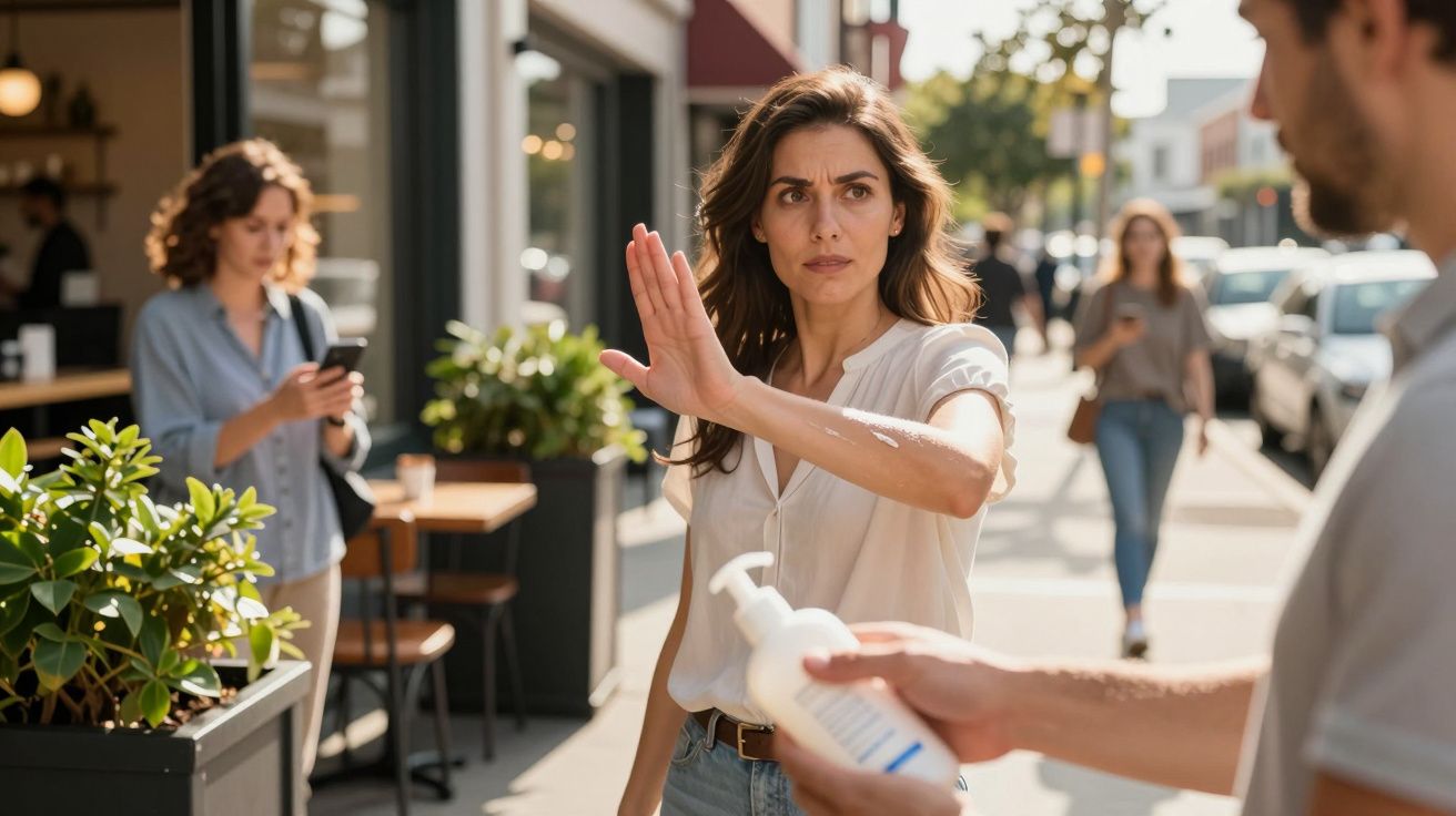 Mulher a recusar desinfetante para mãos enquanto caminha numa rua movimentada com cafés e pedestres.