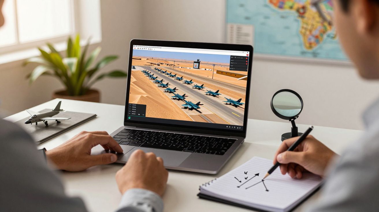 Duas pessoas analisam simulação de aviões num laptop, com plantas e mapa ao fundo.