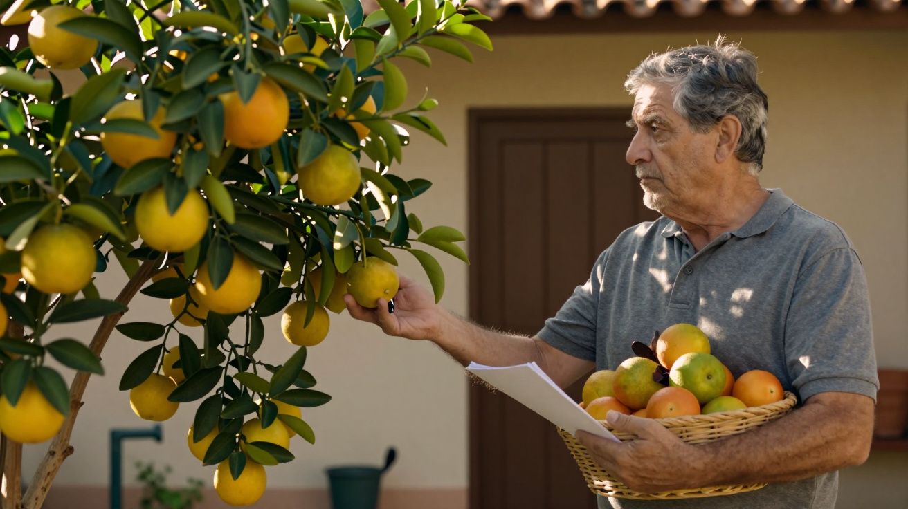 Homem idoso colhe fruta de uma árvore, segurando cesto cheio de cítricos num quintal ensolarado.