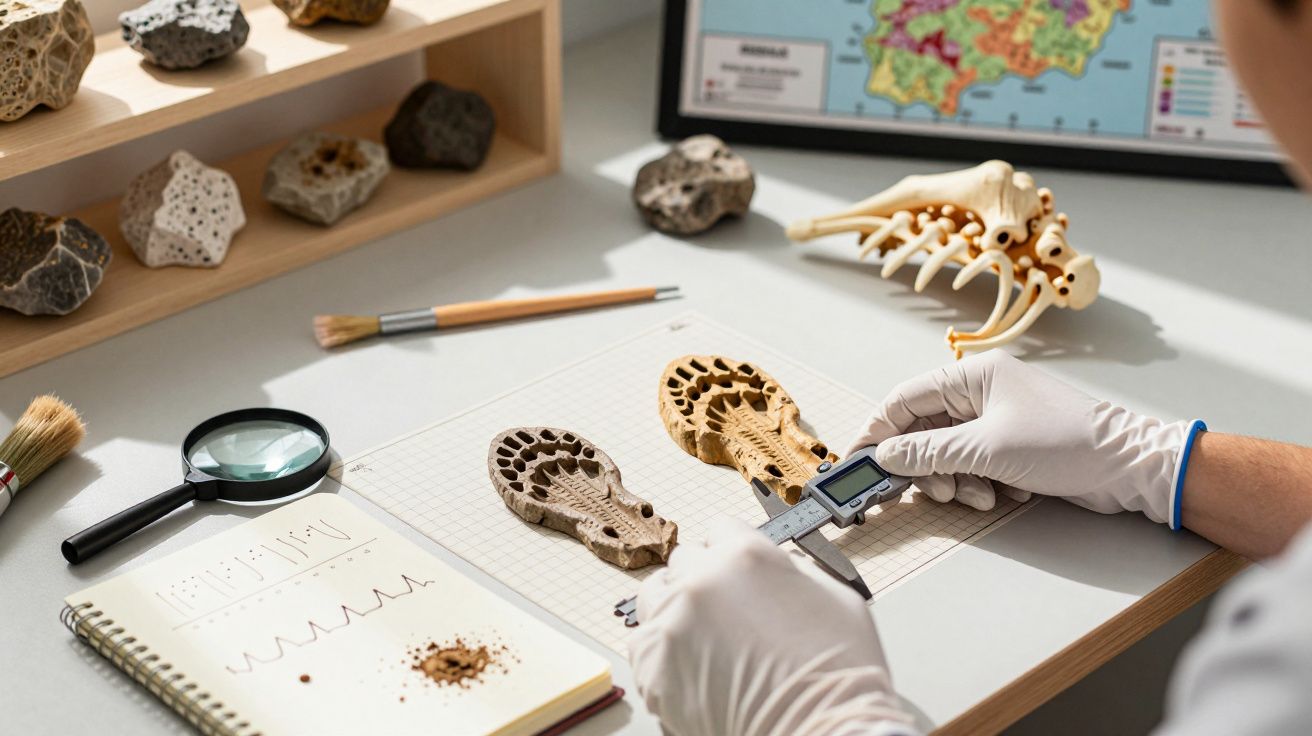 Cientista mede réplicas de pegadas com um paquímetro, rodeado por amostras de rochas e esqueleto em miniatura.