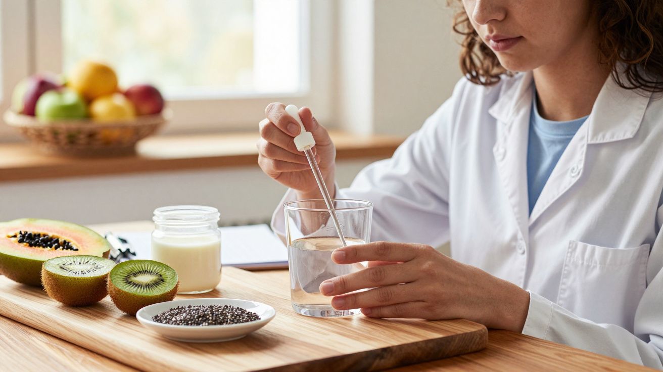 Mulher de bata branca utiliza conta-gotas num copo de água, com frutas e sementes sobre a mesa.