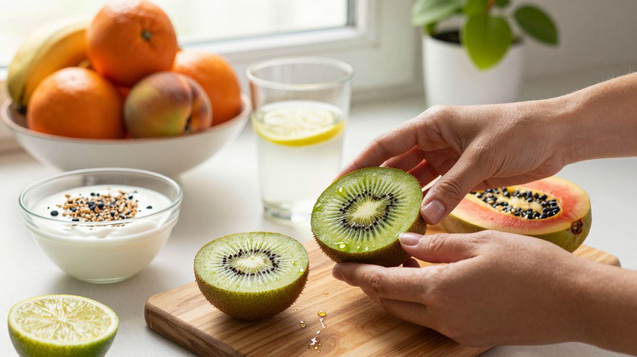 Mãos segurando kiwi cortado ao meio, com frutas variadas ao fundo, incluindo papaia, iogurte e sumo de limão.