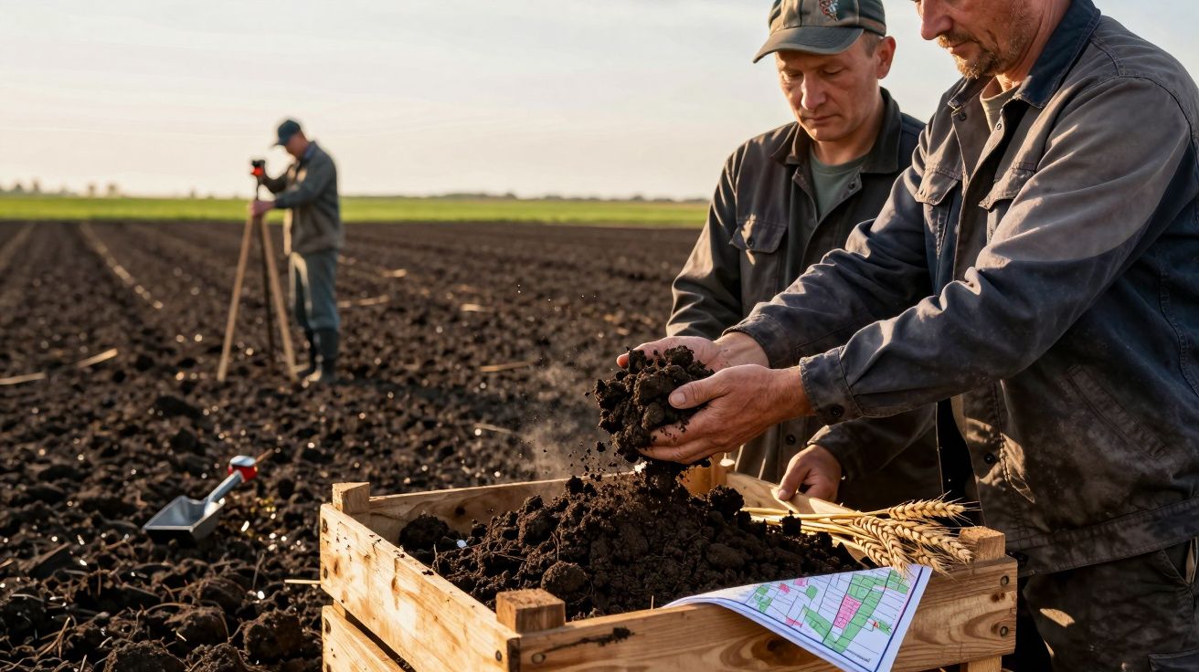 Homens a analisar solo em campo agrícola, com mapa sobre caixa de madeira; ao fundo, pessoa com equipamento de medição.