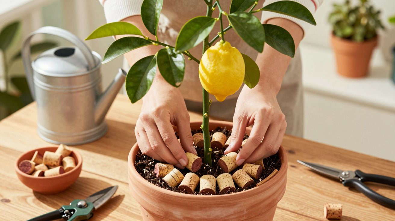 Pessoa arruma rolhas de cortiça em vaso com limoeiro, regador e tesoura ao lado em mesa de madeira.