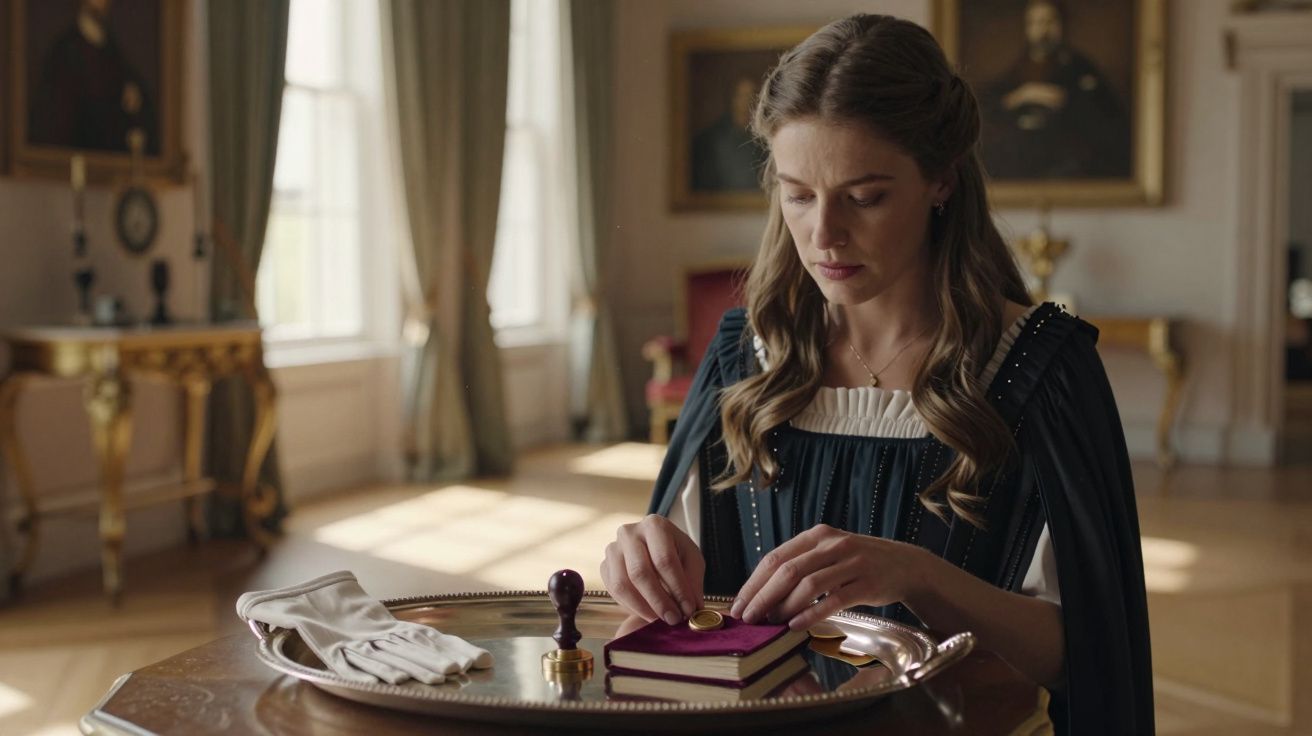 Mulher sentada, concentrada, com livro e selo de cera num tabuleiro de prata em sala elegante.