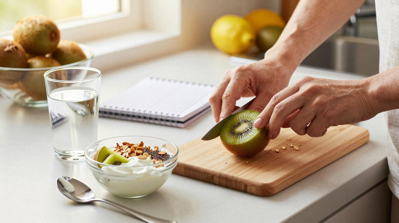 Pessoa a cortar um kiwi numa tábua ao lado de iogurte com frutas e água, numa cozinha iluminada.