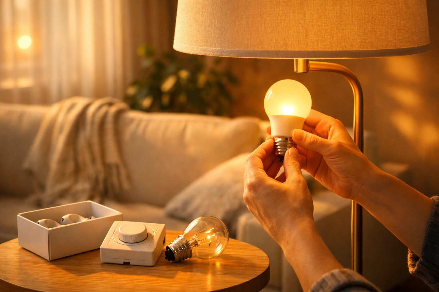 Pessoa troca lâmpada numa sala aconchegante com sofá, manta e luz suave.