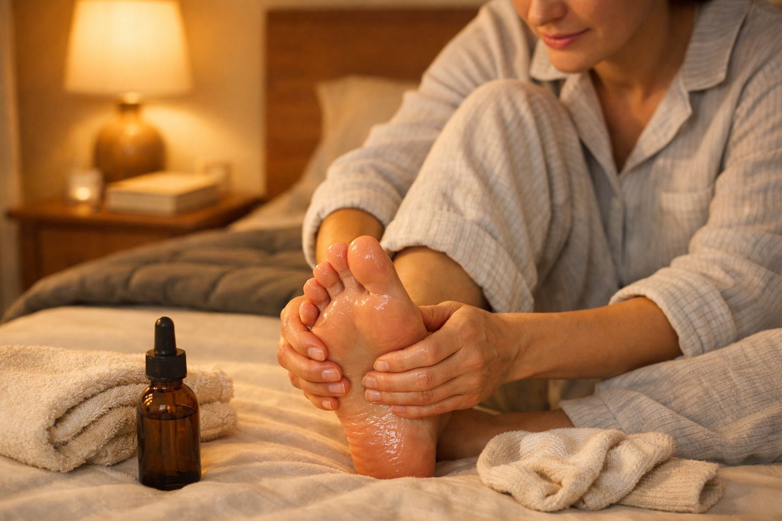 Pessoa em pijama massageia o próprio pé com óleo, ao lado de uma toalha e frasco, numa cama iluminada por um abajur.