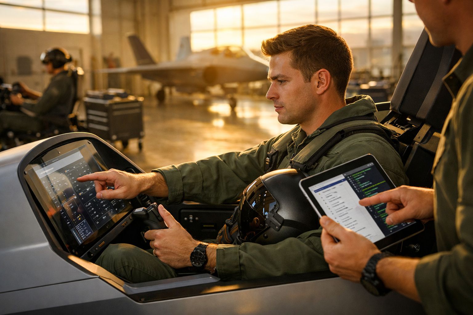Dois pilotos junto a um caça a jato numa hangar, um usando tablet e o outro realizando manutenção no cockpit.