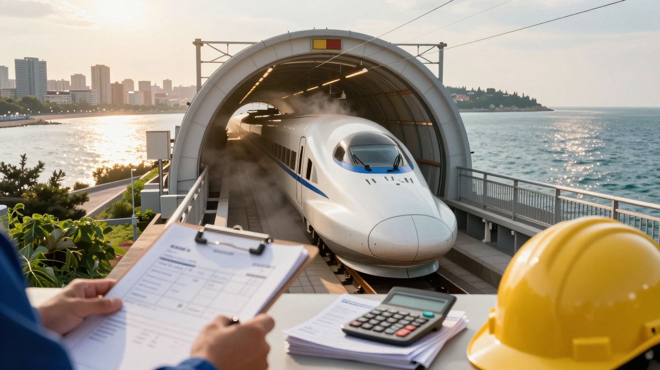 Pessoa observa comboio de alta velocidade a sair de túnel perto do mar, com documentos e capacete na mesa.