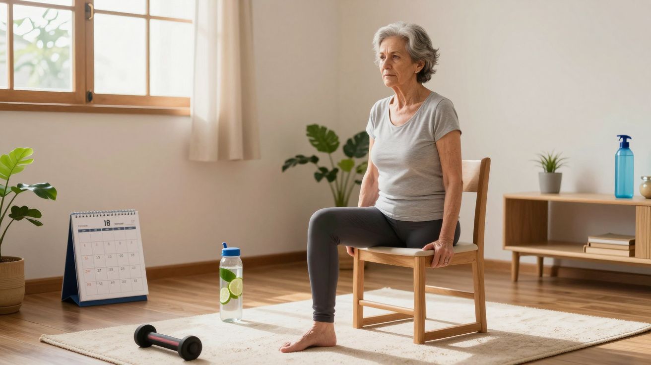 Idosa sentada numa cadeira faz exercício em sala iluminada, com plantas, garrafa de água e haltere no chão.