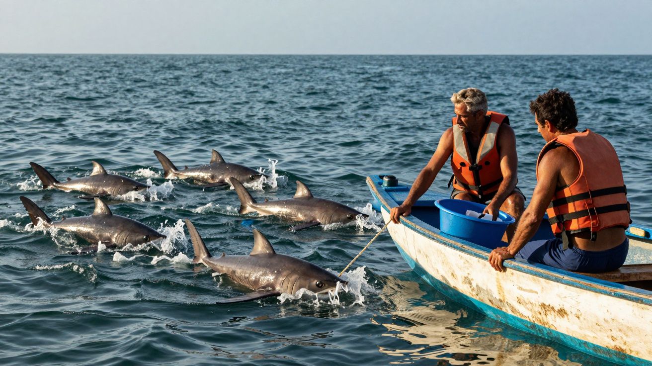 Dois homens em barco no mar observando tubarões à superfície, usando coletes salva-vidas.