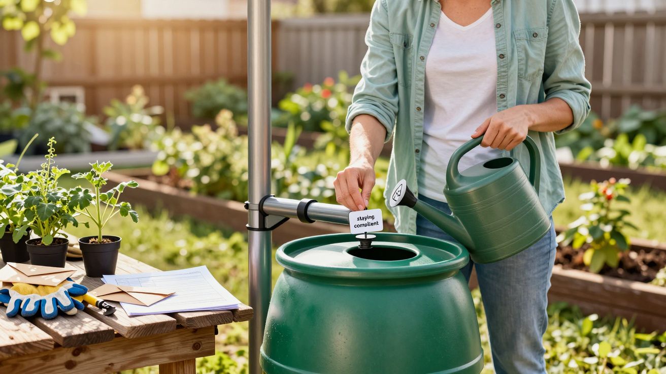 Pessoa enchendo um regador de um barril de compostagem no jardim, com plantas e ferramentas ao fundo.