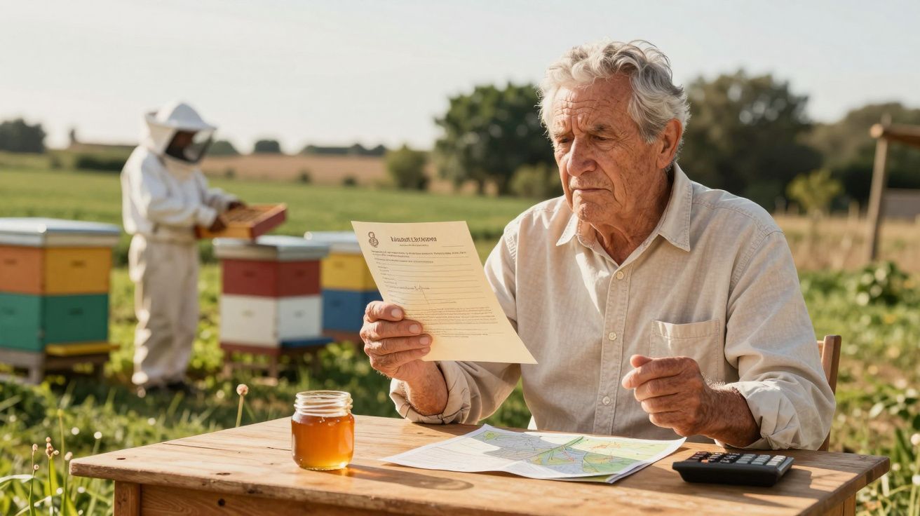 Homem idoso lendo documento numa mesa, com colmeias e apicultor ao fundo; jarro de mel e calculadora ao lado.