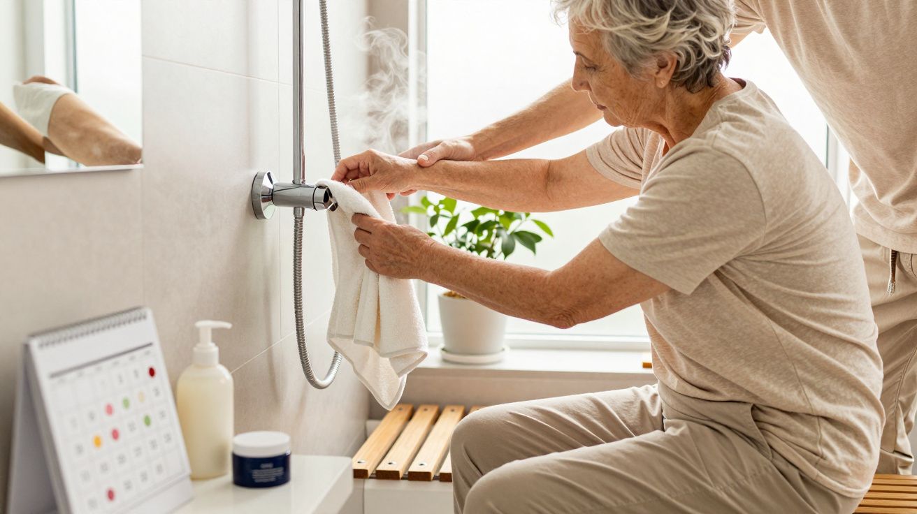 Senhora idosa sentada na casa de banho a ajustar o chuveiro com a ajuda de outra pessoa.