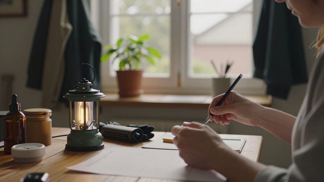 Pessoa escreve numa mesa de madeira com lanterna, frascos e planta ao fundo, junto a uma janela.