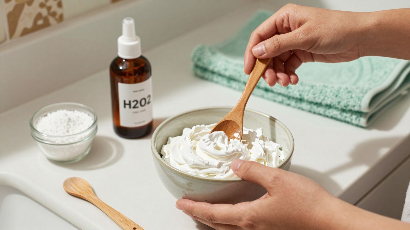 Mãos mexem creme branco numa tigela com colher de madeira; ao lado, pote de H2O2 e toalha verde.