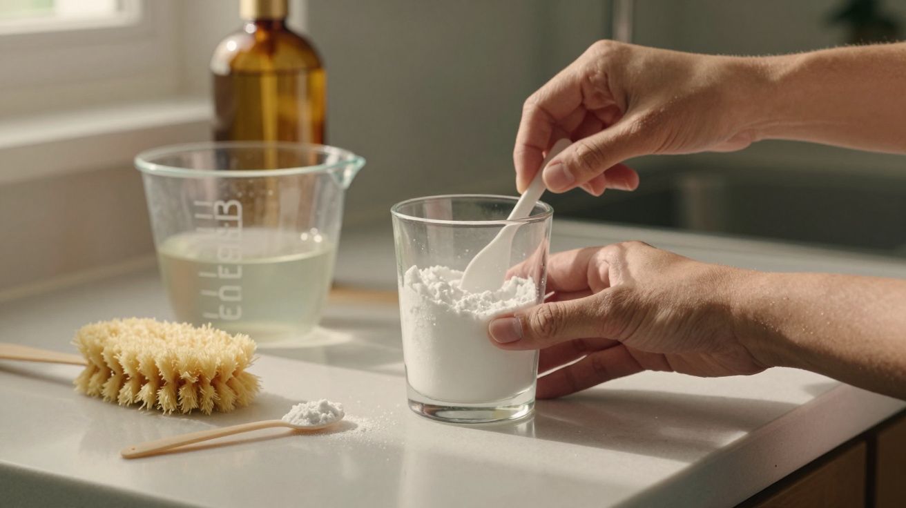 Mãos misturando pó branco num copo, ao lado de uma escova, colher e jarra com líquido, em bancada de cozinha.