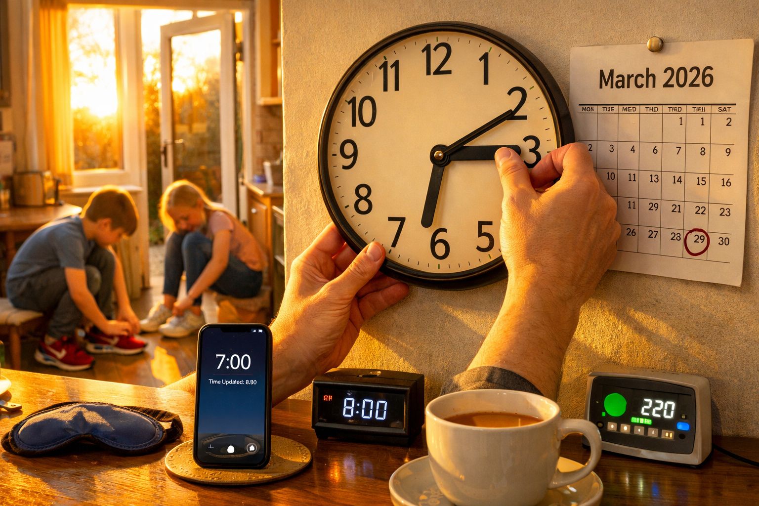 Pessoa ajusta relógio na parede enquanto duas crianças calçam sapatos; calendário mostra março de 2026.