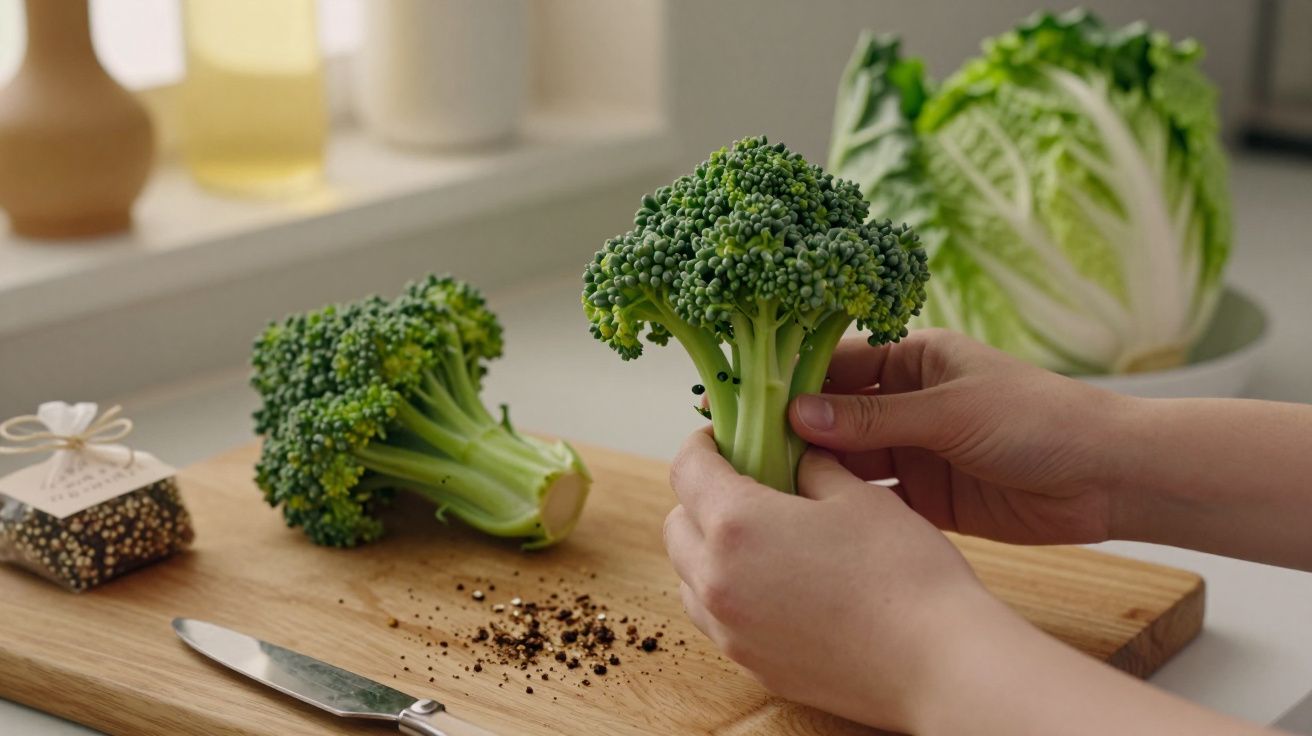 Mãos seguram um brócolos sobre uma tábua de cortar com faca e especiarias, com couve ao fundo.