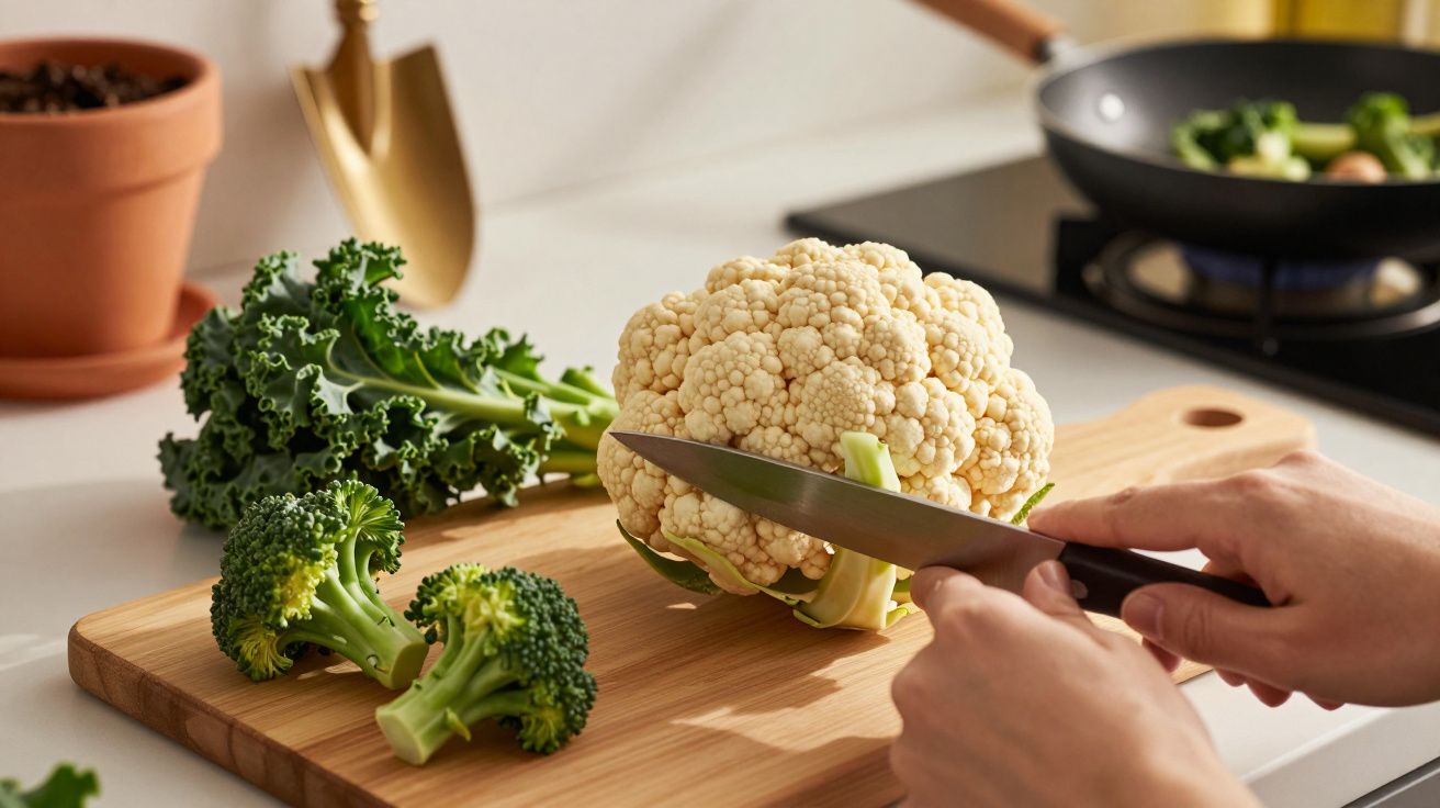 Pessoa a cortar couve-flor numa tábua de madeira com faca, rodeada de brócolos e folhas verdes.