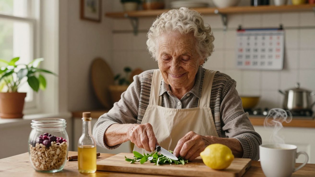 Idosa sorrindo prepara comida na cozinha, cortando ervas frescas sobre uma tábua, com objetos de cozinha ao fundo.