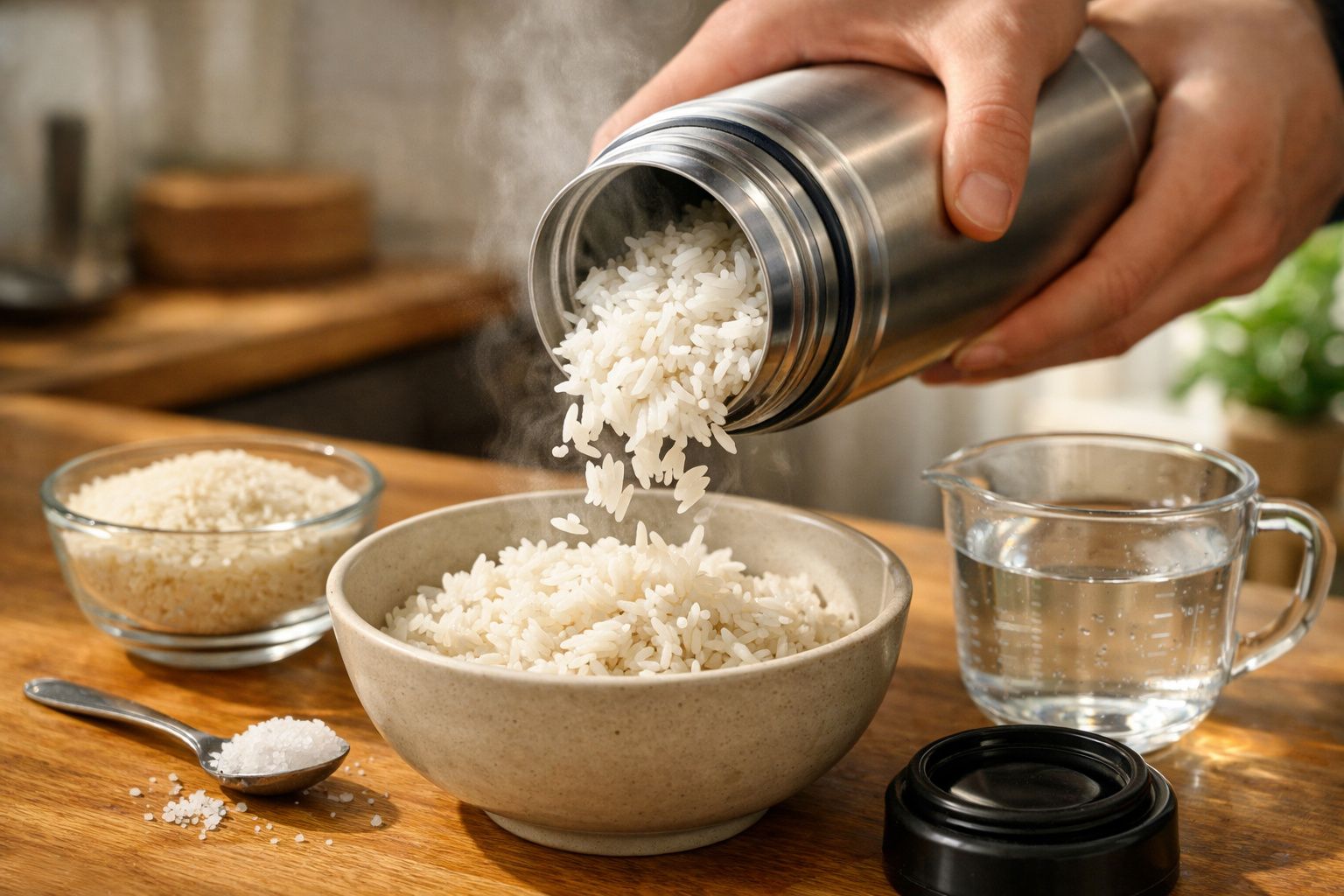 Pessoa adiciona arroz e água quente a um termo na cozinha, com relógio e medidas ao fundo.
