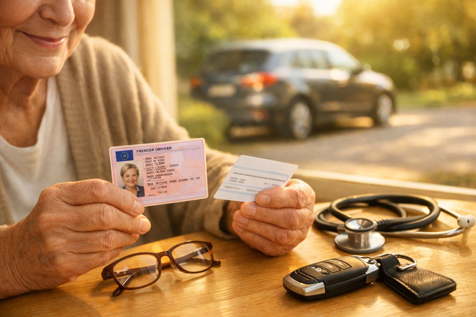 Pessoa idosa segurando carta de condução e cartão, com óculos, chave de carro e estetoscópio sobre a mesa.