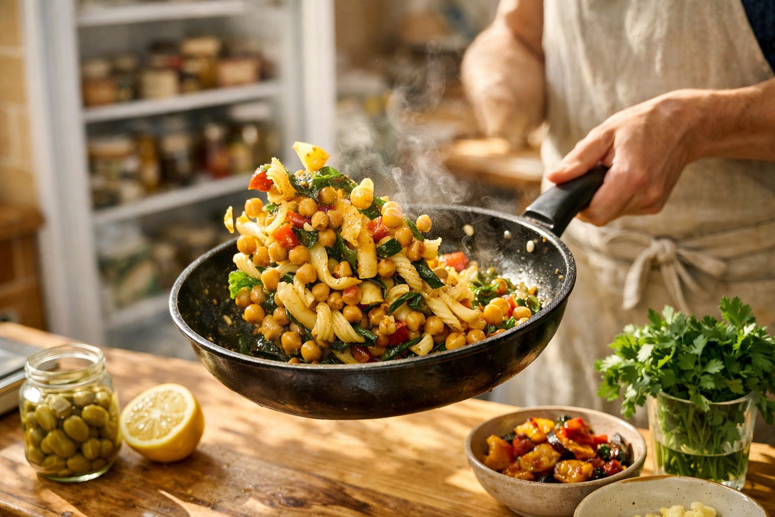 Pessoa salteando massa com grão-de-bico e legumes numa frigideira, com ingredientes frescos ao lado.