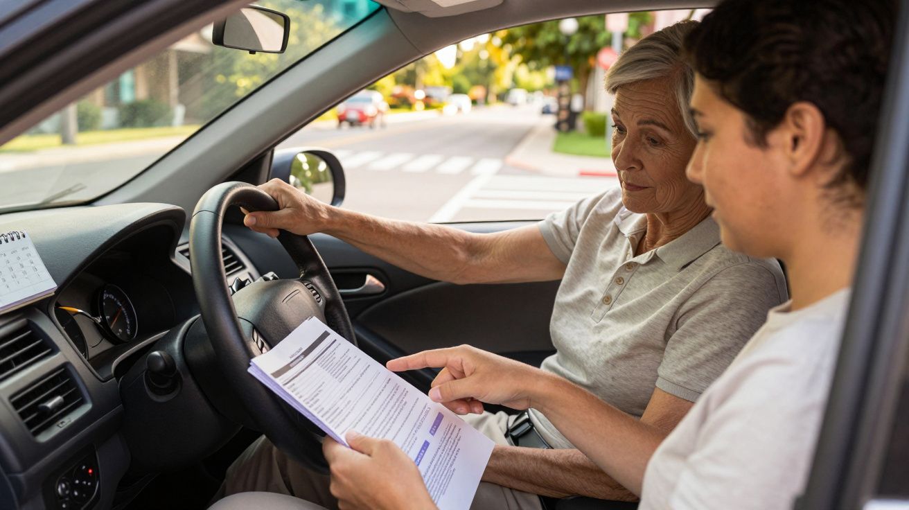 Duas pessoas num carro, uma idosa a conduzir e uma jovem a verificar papéis, numa rua urbana.