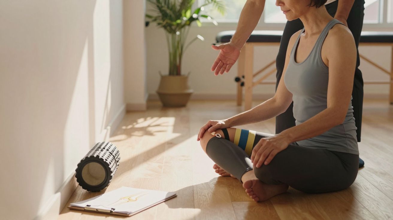 Mulher sentada no chão de um estúdio, com rolo de espuma e bloco de notas ao lado, instruída por uma pessoa sem rosto visível