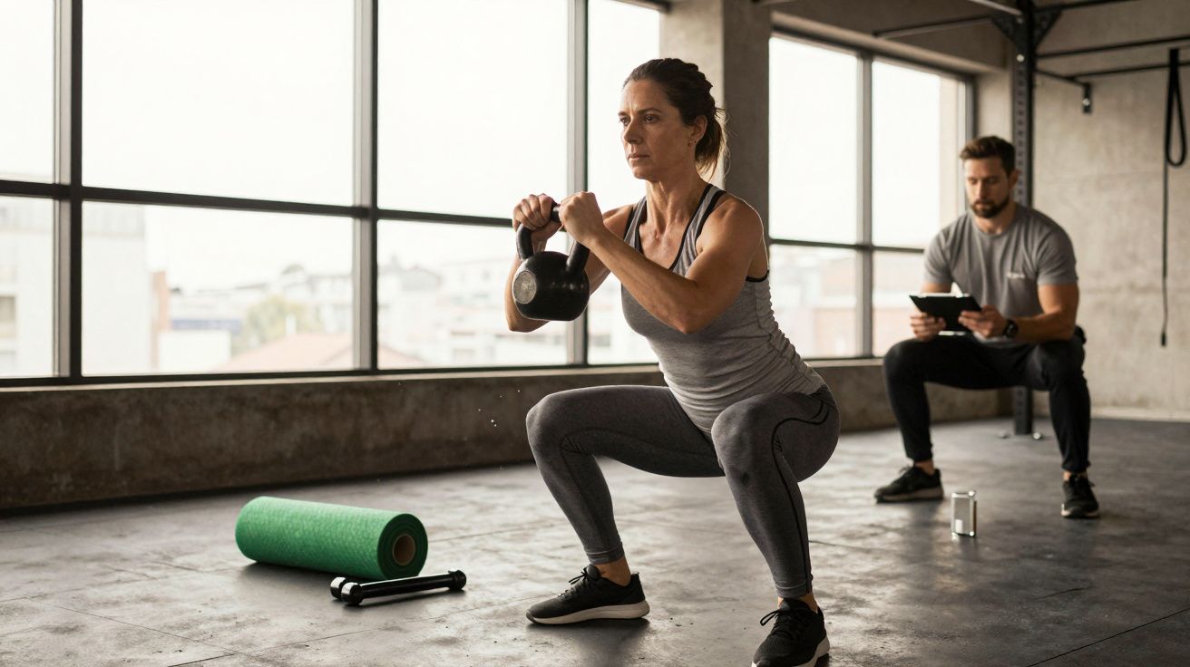 Mulher a fazer agachamentos com kettlebell num ginásio; homem sentado ao fundo com tablet.