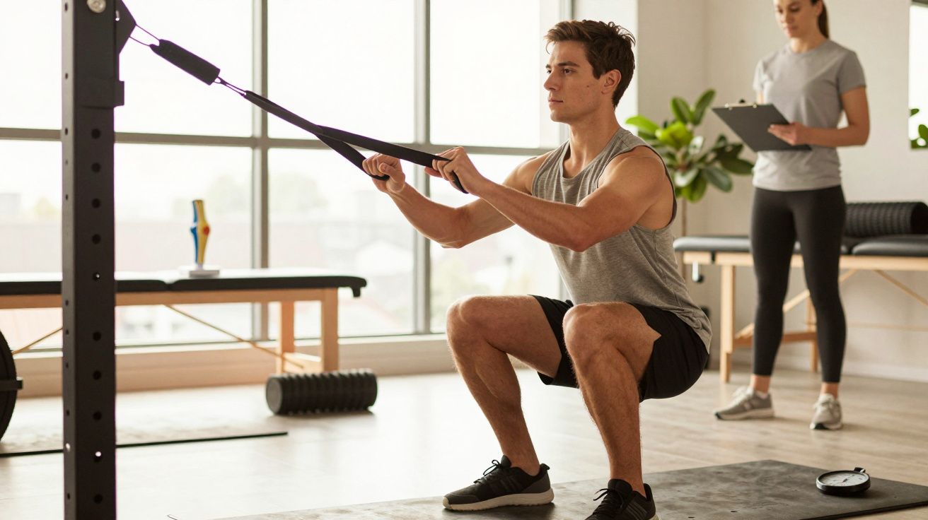 Homem a fazer exercícios de agachamento com TRX numa sala de ginástica; mulher ao fundo toma notas.