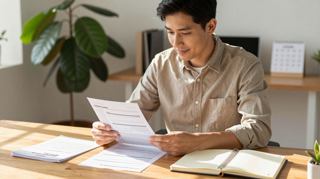 Homem sentado à mesa, analisando documentos impressos, ao lado de agenda aberta e planta ao fundo.