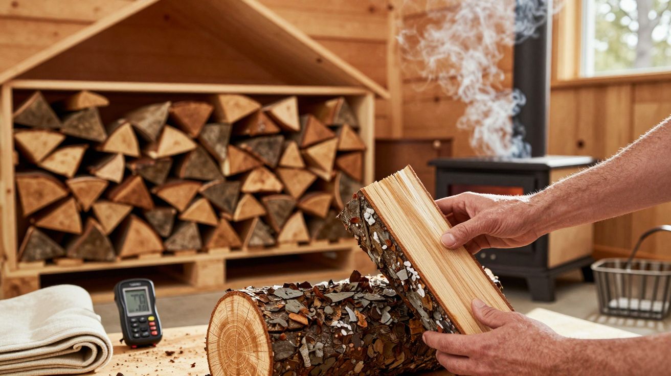 Mãos segurando lenha em casa de madeira com lareira ao fundo, pilha de lenha organizada e termómetro visível.