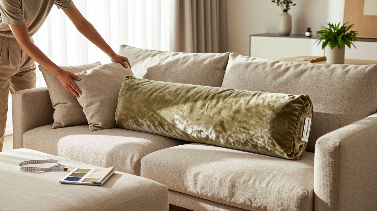 Pessoa ajusta almofada bege num sofá com almofada cilíndrica verde. Ao fundo, decoração suave e luz natural.