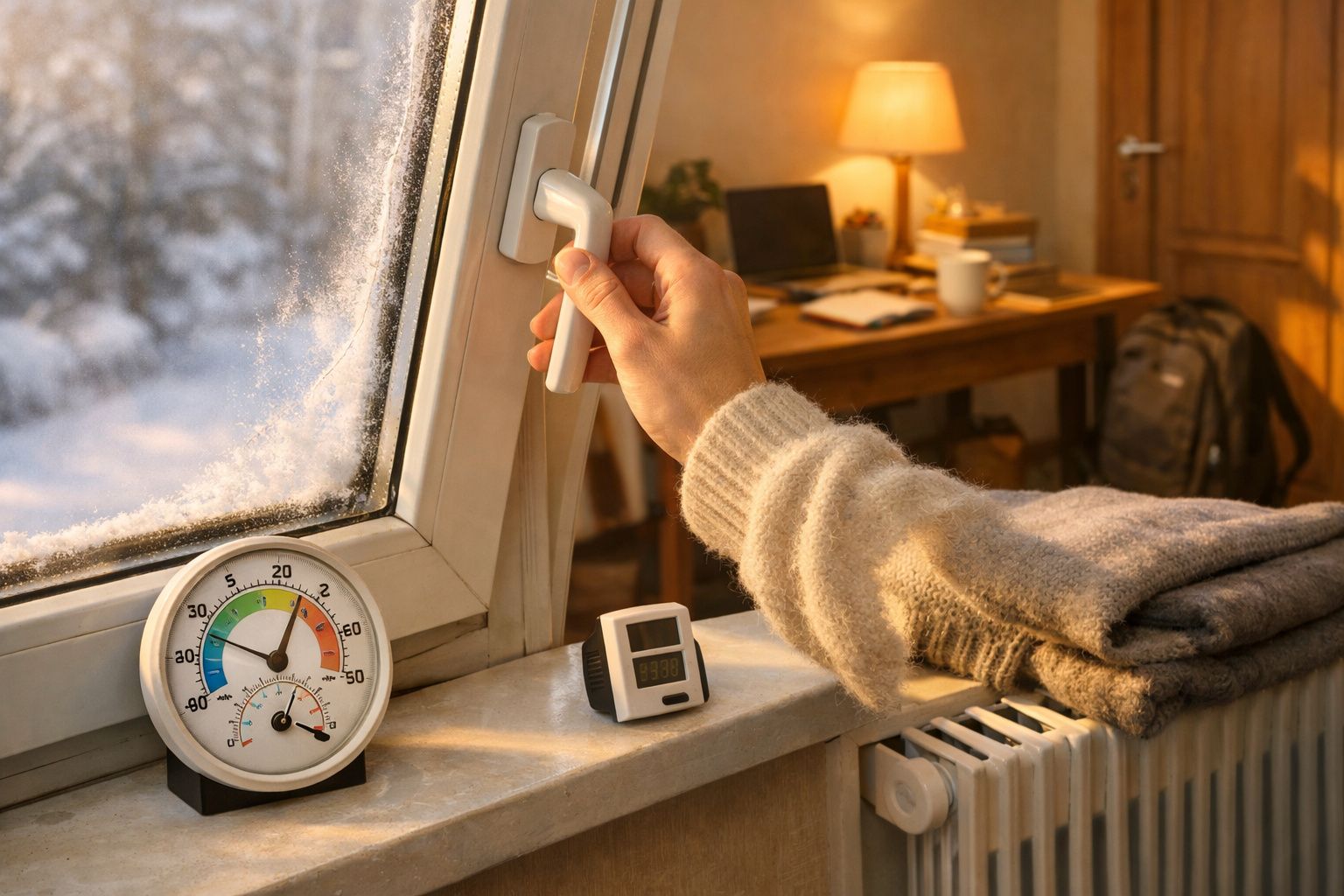 Pessoa abrindo janela num dia nevado, com termómetro e cobertor ao lado, interior de casa aconchegante ao fundo.